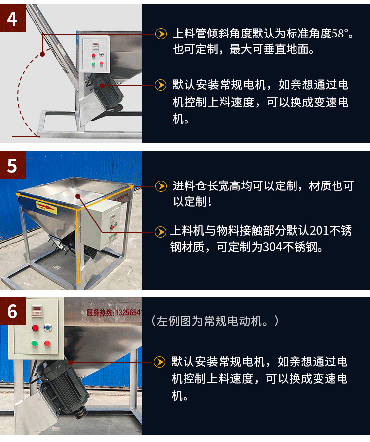 不銹鋼螺旋輸送采用304/316L不銹鋼材質，使用變電機，可滿足客戶的多樣化需求